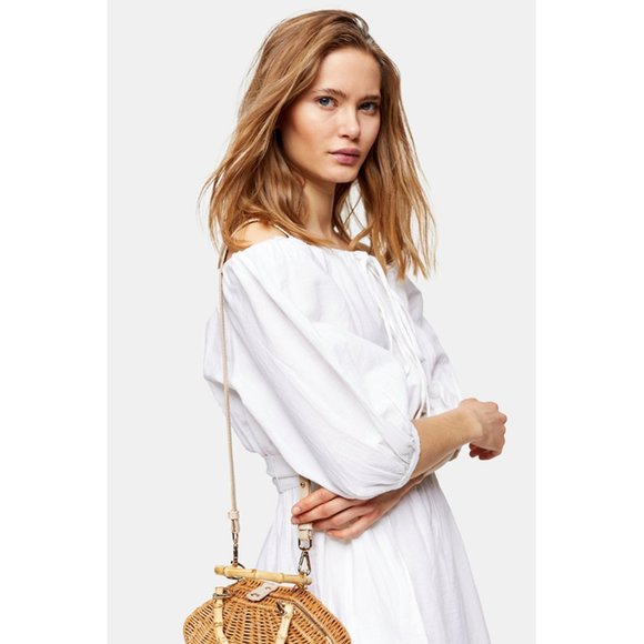 NEW Topshop Linen Blend Belted Bardot Midi Dress 6 - Picture 2 of 8